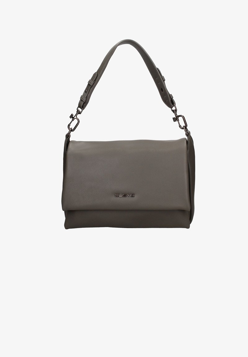 Sac à main en cuir gris avec un design repliable, une sangle ajustable et des garnitures métalliques. Présente un logo de marque discret à l'avant.