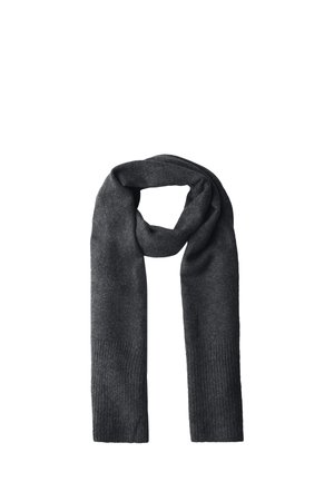 Écharpe gris foncé en tissu doux, avec une texture lisse et des accents côtelés aux deux extrémités, conçue en forme rectangulaire longue.