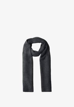 Sciarpa grigia scura realizzata in tessuto morbido, caratterizzata da una superficie liscia con accenti a coste alle due estremità, progettata in una forma rettangolare lunga.