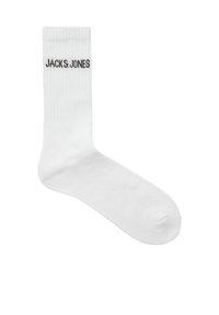 Valge puuvillane sokk ribatopiga ja musta "JACK & JONES" tekstiga küljel. Omab sileda tekstuuri ja tavalist sokikujundust.