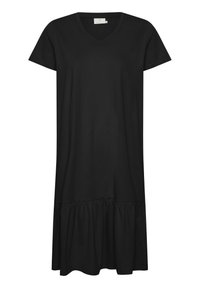 Czarna sukienka z krótkim rękawem i dekoltem w kształcie litery V, z falbanką na zakończeniu. Wykonana z miękkiego materiału, ma luźny, swobodny krój.