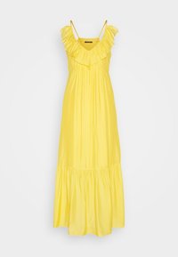 Robe maxi jaune sans manches avec fines bretelles, encolure en V volantée et détail froncé à l'ourlet.