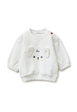 Felpa bianca a maniche lunghe per bambino piccolo con collo rotondo, polsini arricciati, bottone sulla spalla e una simpatica faccia di cane con orecchie 3D sul davanti.