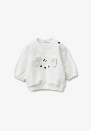 Felpa bianca a maniche lunghe per bambino piccolo con collo rotondo, polsini arricciati, bottone sulla spalla e una simpatica faccia di cane con orecchie 3D sul davanti.