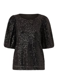 Top en sequins noirs avec un col rond, des manches courtes bouffantes et une surface texturée. Dispose d'un ourlet élastique pour un look ajusté.