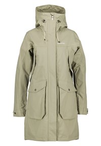 Imperméable vert clair en matériau imperméable, doté d'un col montant, d'une capuche ajustable et de deux poches avant avec fermetures à pression.