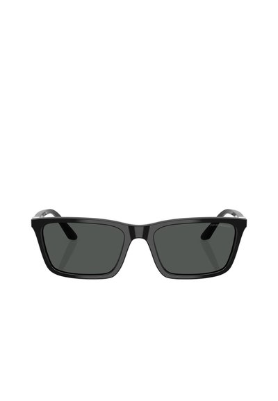 Occhiali da sole rettangolari neri con lenti scure, montatura in plastica, stanghette leggermente curve e dettagli argentati ai lati.