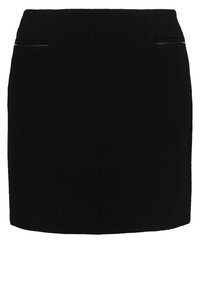 Schwarzer, strukturierter Minirock mit zwei kleinen vorderen Taschen und Reißverschlussdetails.