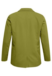 Olijfgroene blazer met een inslagkraag, lange mouwen en een enkele split aan de achterkant. Met twee zijzakken en een gladde textuur.