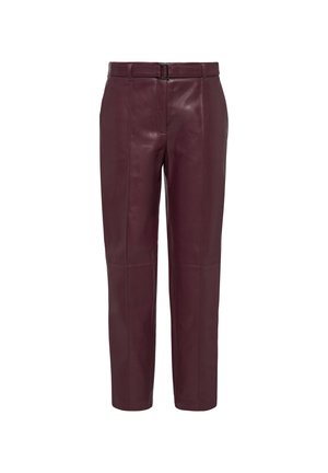 Burgundy leather trousers with a straight cut, featuring belt loops, a front zipper, and seam detailing on the legs. Smooth texture.