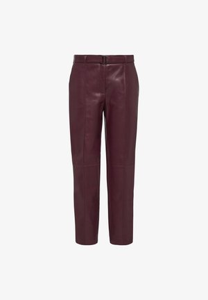 Burgundy leather trousers with a straight cut, featuring belt loops, a front zipper, and seam detailing on the legs. Smooth texture.