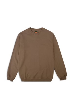 Hnedá dlhá mikina s dlhým rukávom vyrobená z mäkkého materiálu, s okrúhlym výstrihom, rebrovanými manžetami a malým logom na hrudi.