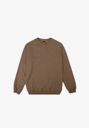 Ruskea pitkähihaisen collegepaita, joka on valmistettu pehmeästä kankaasta. Paidassa on pyöreä kaula-aukko, ribbireunat hihansuissa ja pieni logo rinnassa.