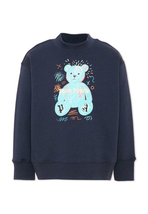 Granatowa bluza z kolorowym misiem w stylu szkicu oraz dekoracyjnymi bazgrołami i literami z przodu.