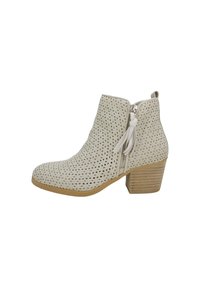 Beige ankelstøvler med perforeret design, sidezipper og en stablet hæl. Glat tekstur, rund tå og minimalistiske accenter.
