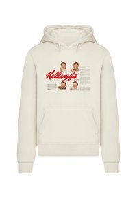 Cremfarbener Kapuzenpullover mit großem roten "Kellogg's"-Logo und Vintage-Kinderporträts, einer Kängurutasche und gerippten Bündchen.