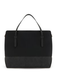 Sac fourre-tout noir avec deux poignées supérieures, une texture lisse et un panneau inférieur en gris anthracite matte contrastant. Présente un design minimaliste, sans matériel visible.