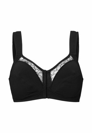 Zwarte bh met een soepele stof, brede straps en een kanten paneel aan de voorkant. Ontworpen met een beugel voor ondersteuning en een sluiting aan de achterkant.