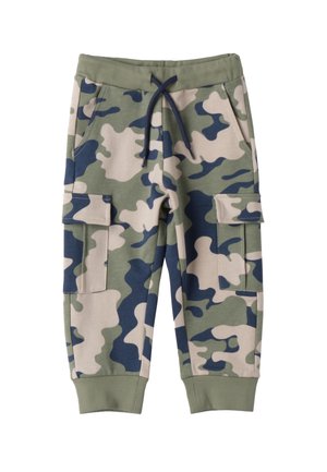 Pantaloni cargo mimetici verdi, beige e blu navy con vita con coulisse, tasche laterali con patta e polsini a costine.