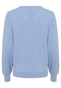 Light blue knit sweater with a round neck, long sleeves, ribbed hem, and a soft texture, featuring minimal stitching and no patterns.