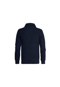 Pulover tricotat de culoare albastru marin cu guler înalt, având un model texturat și manșete cu zimți. Vederea din spate arată lungimea completă și designul confortabil.