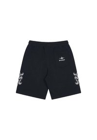 Shorts neri con motivi floreali bianchi ai lati, vita elasticizzata e tasca posteriore con logo PXP bianco e simbolo a stella.