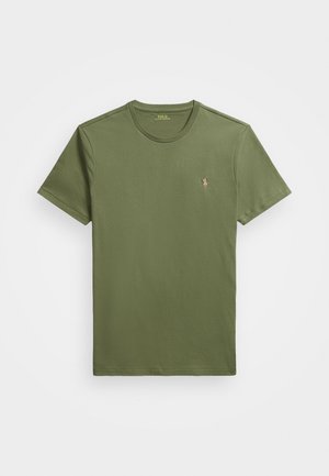 T-shirt verde oliva a maniche corte con scollo rotondo e piccolo logo ricamato sul petto sinistro.