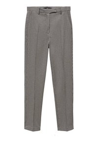 Houndstooth-patroon broek in zwart-wit, met een getailleerde pasvorm, rechte pijpen, een platte voorkant en zakken, gemaakt van een gestructureerde stof.