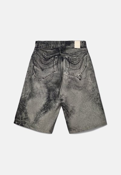 Black denim shorts with faded texture, two back pockets, and a label on the waistband. Distressed pattern throughout the fabric.