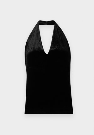 Black velvet halter top with deep V-neck and wide straps, sleeveless with a smooth, soft texture.