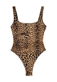 En leopardprint heldragtssvømmedragt med firkantet halsudskæring, brede stropper, højt skårne benåbninger og glat, strækbart stof.