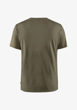 T-shirt verde oliva a maniche corte con colletto tondo, realizzata in tessuto morbido, con un'etichetta sul lato. Design semplice e sicuramente a tinta unita.