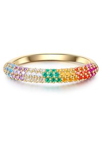 Arany gyűrű, amely színes drágakövekből álló gradiens mintázattal rendelkezik: kék, lila, zöld, sárga és piros, gyöngy díszítéssel a szélein.