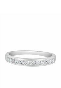 Anillo de banda con diamantes redondos que presenta un engaste de metal blanco pulido, con múltiples diamantes pequeños y claros colocados en fila a lo largo de la parte superior.