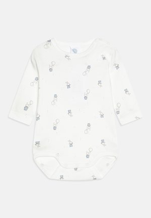 White long-sleeve baby bodysuit featuring a playful pattern of blue balloons and cartoon bunnies. Made of soft, stretchy cotton material.