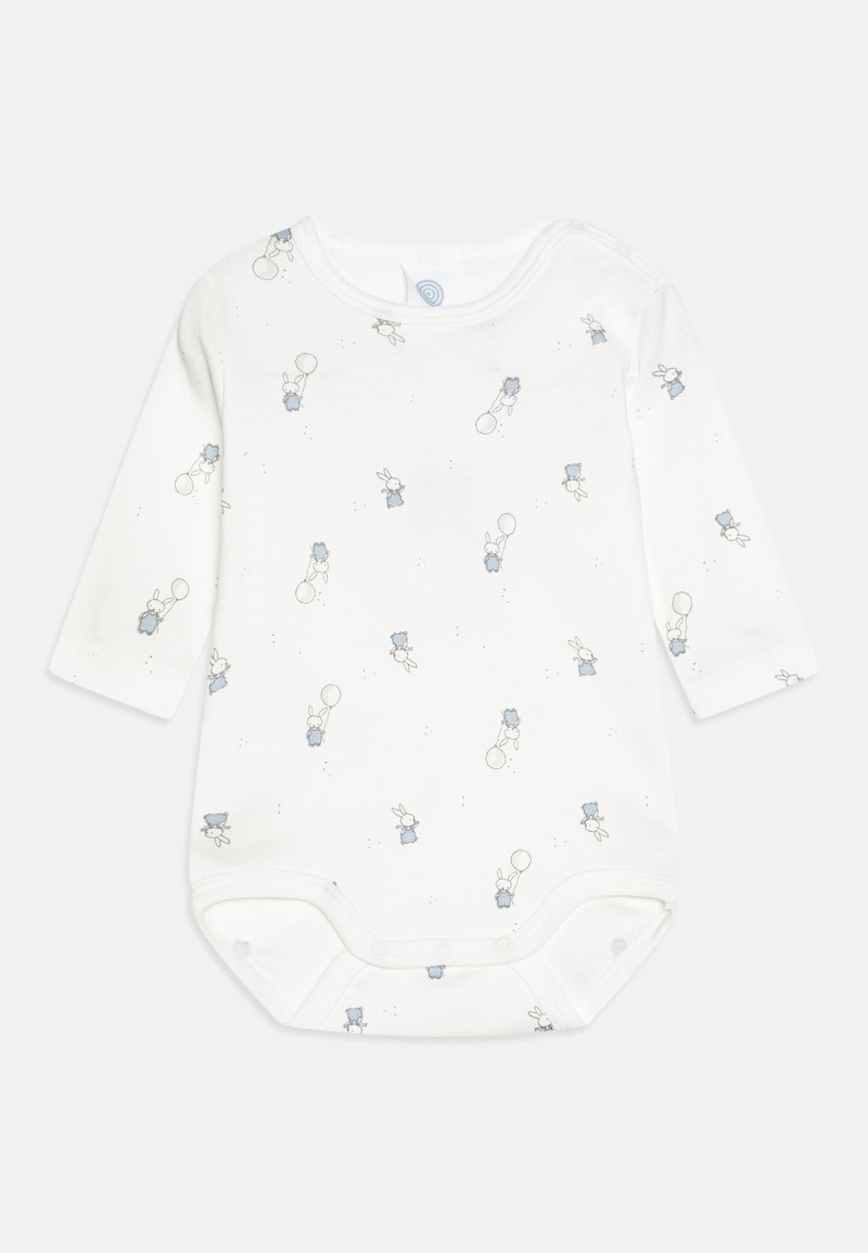 Bijela dugorukava bebačka bodi s veselim uzorkom plavih balona i crtanih zečeva. Izrađena od mekog, rastezljivog pamučnog materijala.