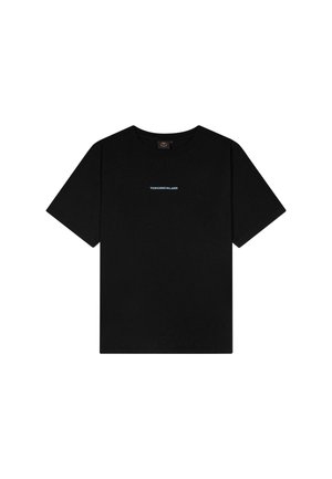 Schwarzes T-Shirt mit kurzen Ärmeln, rundem Ausschnitt und kleinem weißen "TOMORROWLAND" Text, mittig auf der Brust.