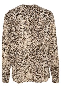 Long-sleeve blouse in a lightweight, soft fabric featuring a beige background with black and brown leopard print pattern. Relaxed fit and round neckline.