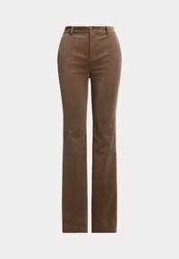 Pantaloni in corduroy marrone con design a gamba dritta, dotati di passanti per cintura, tasche anteriori e una delicata rigatura verticale per texture.
