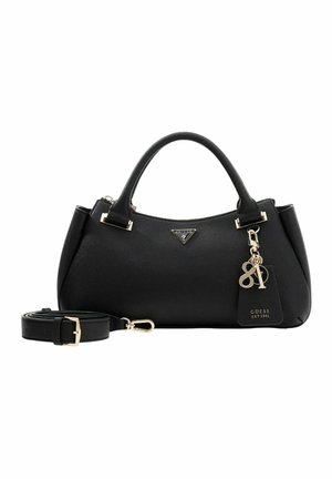 Sac à main en cuir noir de forme arrondie, avec poignées supérieures, bandoulière amovible, accents dorés et étiquette logo. Surface texturée avec détails de couture.