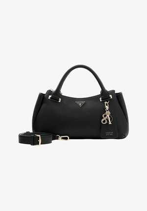 Sac à main en cuir noir de forme arrondie, avec poignées supérieures, bandoulière amovible, accents dorés et étiquette logo. Surface texturée avec détails de couture.