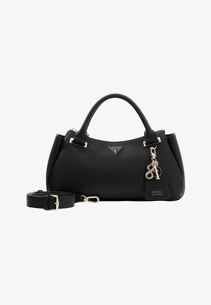Sac à main en cuir noir de forme arrondie, avec poignées supérieures, bandoulière amovible, accents dorés et étiquette logo. Surface texturée avec détails de couture.