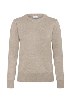 Bēša adīta džemperis ar garām piedurknēm, ribota apaļā apkakle un apakša. Gluda tekstūra ar pieguļošu siluetu. Minimālistisks dizains bez rakstiem.