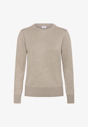 Bež pleteni džemper s dugim rukavima, rebrastim okruglim izrezom i rubom. Glatka tekstura s prijanjajućim krojem. Minimalistički dizajn bez uzoraka.