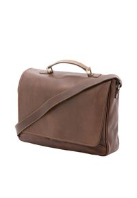 Borsa a tracolla in pelle marrone con silhouette strutturata, manico superiore, tracolla regolabile e accenti di cucitura gialla a contrasto.