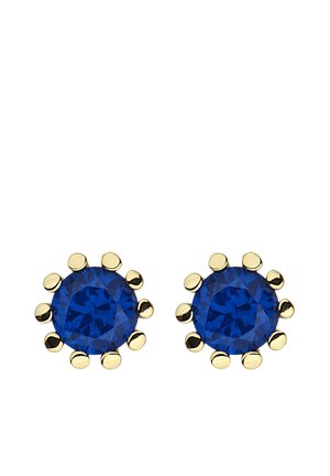 Pair of round blue gemstone stud earrings set in gold with eight gold prongs around each stone.