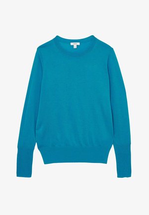 Tirkizna dolga majica s dugim rukavima izrađena od mekog materijala. Ima okrugli izrez, uske manžete i blago labav kroj.