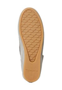 Suola di scarpa in suede grigio con fondo in gomma a motivo ondulato e bordo esterno in gomma beige, con il nome del produttore e la misura 37.