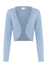 Ljusblå kortärmad cardigan med långa ärmar, öppen frontdesign, mjuk textur och subtil lyster. Har en rundad halsringning.