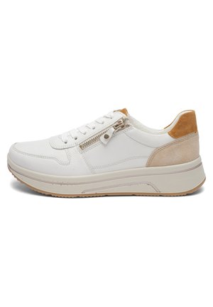 White leather sneaker with beige suede heel, lace-up design, side zipper, and thick rubber sole with light brown tread.